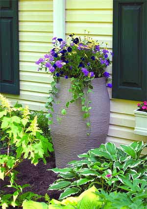Faux Stone Urn Rain Barrel with Flower Planter on Top 